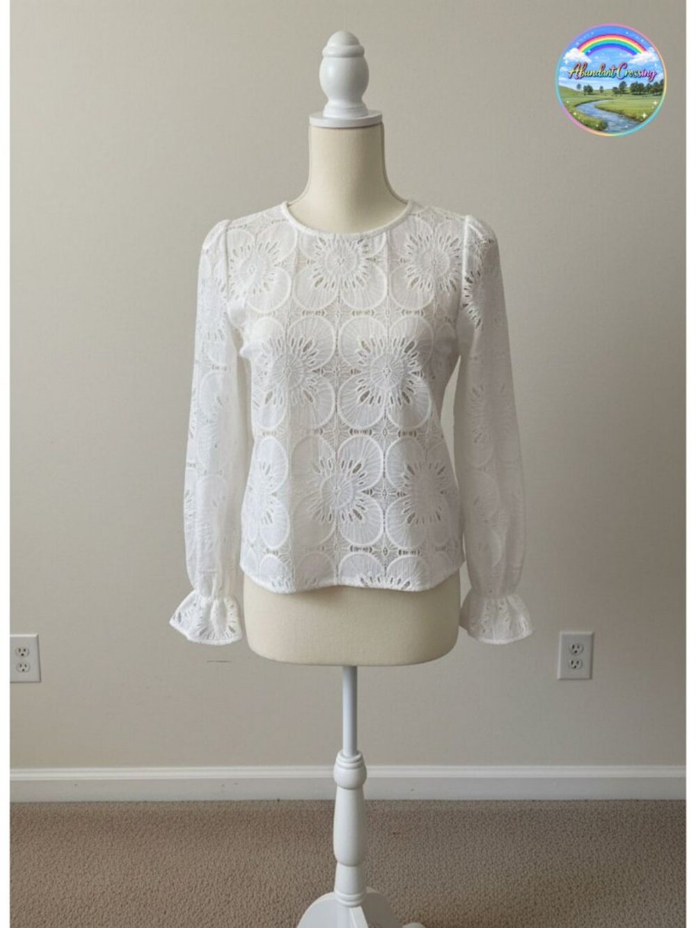 Lace Eyelet Puff Sleeve Blouse Sheer Cotton Nylon